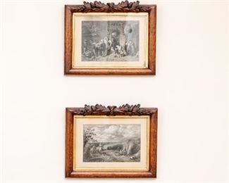 Pair Of Black & White Genre Prints In Carved Wood Frames