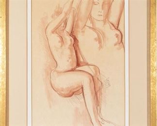 Signed Sanguine Pastel Of Two Nudes