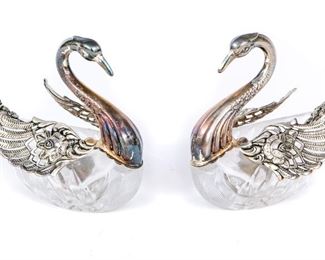 Two Sterling Silver & Glass Swan Salt Cellars With Spoons