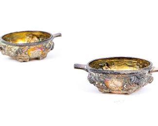 Pair Of Antique English Silver Tabbed Nut Dishes With Thistle Repose