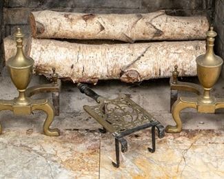 Pair Of Brass Andirons & Trivet