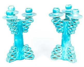A Pair Of Large Blue Glazed Pottery Candelabras