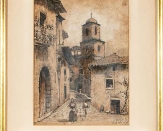 Perez Watercolor Of A Figural Townscape Titled Camino