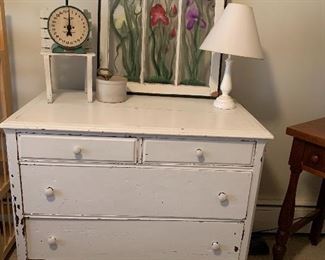 White Painted Dresser, lamp, Painted window