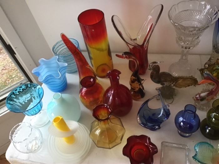 Various glass pieces blenko ambe murano, lots of small crackle and large MCM vases,  glass animals and birds, etc. etc.