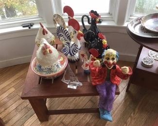 Pottery  rooster tureen (stunning) Japanese collectible b/w rooster teapot and water jug,Portuguese roosters,crystal sailboat, papier-mâché clown