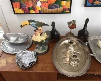 Fits and Floyd dishes, silver plated roast meat platter, rooster doorstop cast iron, painted, toucan and beach bird hand carved