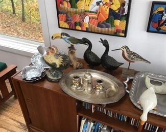 Japanese geese 1950s (reserve price)hand carved birds , Fitch and Floyd dishes