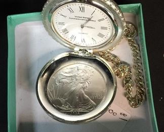 US Commemorative Gallery Quartz Japan movement Silver Eagle Pocket Watch with chain.  Unused condition