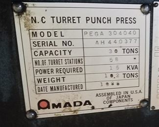 Amada Pega model 304040 turret punch press, Fanuc P 6M control, a cabinet of die, and tool grinder – handles up to 1/4”