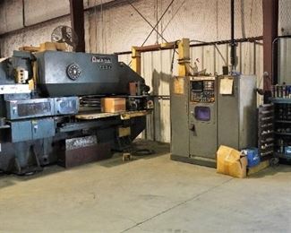 Amada Pega model 304040 turret punch press, Fanuc P 6M control, a cabinet of die, and tool grinder – handles up to 1/4”