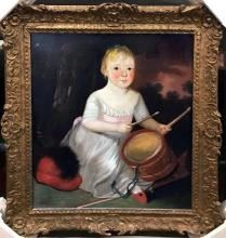 18th C. English Portrait Oil Painting by John Hoppner Entitled GIRL WITH DRUM