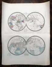 Pair of Antique Hemisphere Maps, MappeMonde Projetee Sur L'Horizon de Paris et de Son Antipode & MappeMonde sur La Projection Polaire Dresse, by A. Brue, Atlas Universel en 67 feuilles No. 18, 1875