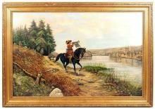 Large 19th c. Figurative Landscape Oil Painting by Robert Assmus Entitled CAVALIER ON HORSEBACK