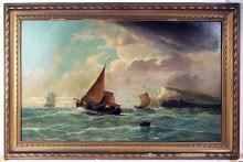Large 19th Century Dutch Marine Oil Painting by Thomas Lintott SHIPS OFF THE COAST