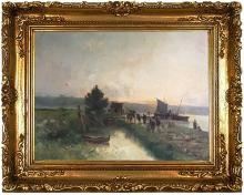 French Landscape Oil Painting by Gaston Anglade Entitled BRINGING IN THE CATCH