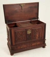 19th c. European Hand Carved Red Elm Lift-Top Cofer
