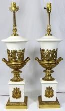 Pair of Neoclassical Brass & Porcelain Table Lamps