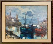 Marine Oil Painting by M Edward Griff A HARBOR SCENE