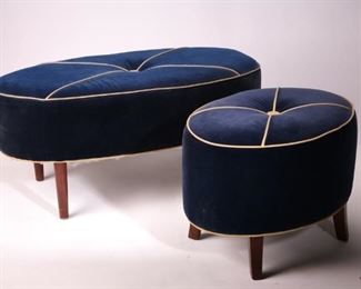 (2) MCM mid century dark blue velour fabric with tan ribbing benches (Lg) 40"W  x 20"D x 18"H (Sm) 24"W x 17"D x 18"H