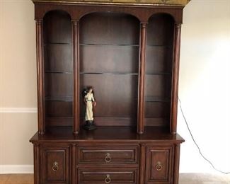 Ornate lighted 2 pc. china cabinet & hutch antique brass molding 63.25"W x 22"D x 95"H 