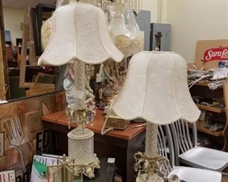 (2) French Provincial tall crystal table lamps with original bell shaped shades