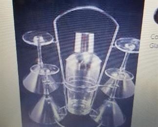 Chrome martini set with chrome stand , shaker & 4 glasses in box NEW (box is messed up)