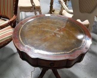 Gorgeous mahogany leather top table with glass