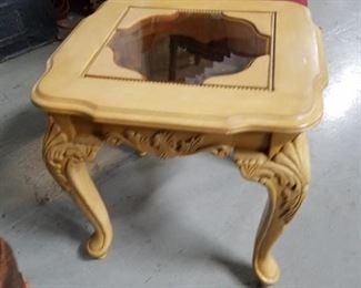 2 Ornate end tables with smoke glass insert