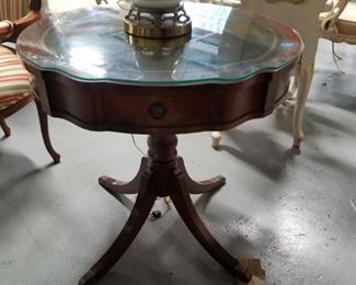 Gorgeous mahogany leather top table with glass