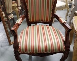 2 Striped padded fabric solid mahogany frame formal armchairs 