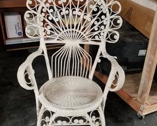 Peacock shaped white wicker fan back armchair