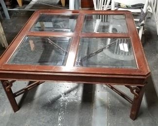 Antique mahogany ornate square coffee table with glass inserts