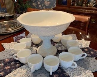 Milk glass punch bowl set, NICE COMPLETE!