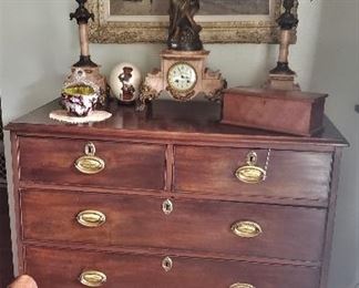 Georgian Chest of Drawers, Burl Table Box, 3 Pc Marble Mantle Clock set