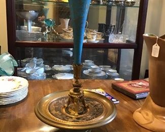 Bronze & Blue Art Glass Trumpet Vase