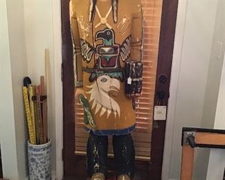 May 6, 2006 Publication: Sun Herald (Biloxi, MS) Page:
Kaw-Liga was a wooden Indian standing by the door,
He fell in love with an Indian maid over in the antique store,
Kaw-Liga just stood there and never let it show...
Poor old Kaw-Liga. After his unrequited love, he got swept down the street.
Unfortunately, the last line is for real, not a song lyric.
The old wooden tobacco store Indian returned home three weeks after Hurricane Katrina, a bit battered but whole. It wasn't exactly "home" since all that had been Vieux Marche Antiques in Biloxi was destroyed in the storm, including the 1930s house that partners Peter Webster and Wayne Williams rented for their downtown business.
Three weeks after Katrina the American Legion called to tell Webster and Williams that the Legion had been storing the Indian since the storm. A member had recognized and rescued it from a pile of rubble three blocks from the store.
Since the 1999 opening of Vieux Marche Antiques at that location --- 120 Lameus