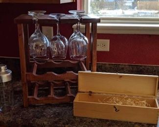 	Wood Wine Rack and Wine Glasses