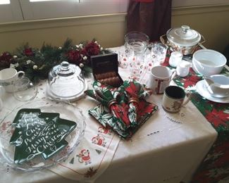 Collectible Christmas Kitchen Households, napkins, napkin holders, platters, glass dishes and mugs, lovely display! Poinsettia Runner.