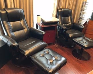Leather chairs with Pedastal Bases & Ottomans 