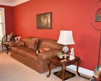 Wood Chair, End Tables, Sofa, Lamp, Pillows, Asian Items, Bird Cage
