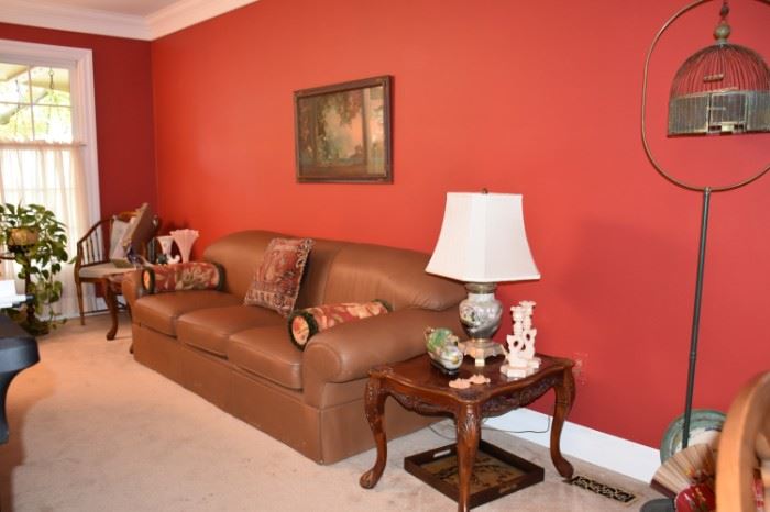 Wood Chair, End Tables, Sofa, Lamp, Pillows, Asian Items, Bird Cage