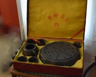 Antique Chair with Spindle Back & Padded Seat, & Tea Set