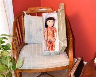 Rounded Back Wood Chair With Padded Seat and Asian Vintage Doll