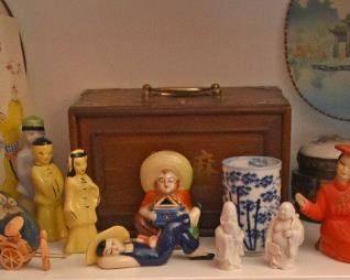 Asian Vases, Figurines, Wood Box, Fan, Covered Dish