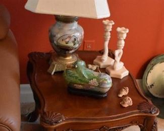 Jade Type Lamp with Asian Scene, Wood Carved End Table, Candle Holders, Asian Tray, Candle Figurines, Covered Dish