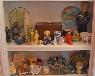 Asian Wood Box, Vases, Figurines, Fans, Egg Dish, Planters, Tin Box