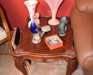 Carved Shells on Wood End Tables with Queen Anne Legs, Vase, Peacock, Fish Vase, Tiny Dolls