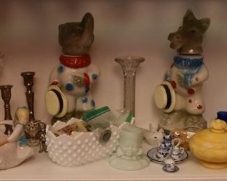 R D Decanters, Glass Vase, Figurines, Milk Glass, Egg Holders, Child's Tea Set, Hen on Nest