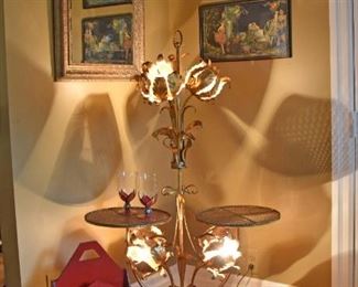 Mirror, Vintage Metal Floral Lamp with Trays, Art Deco Magazine Rack